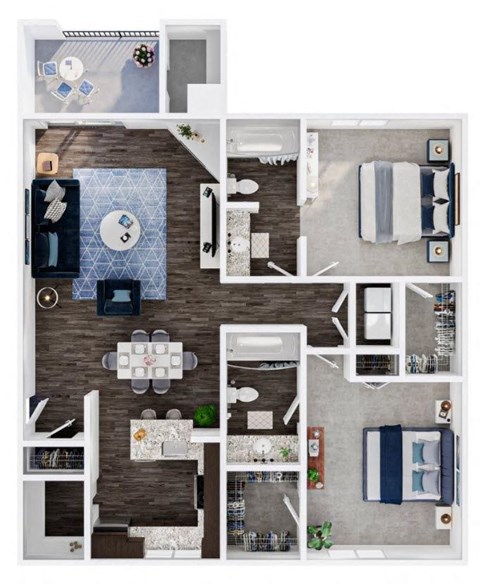 A top-down view of a house layout with a kitchen, living room, and bedrooms.